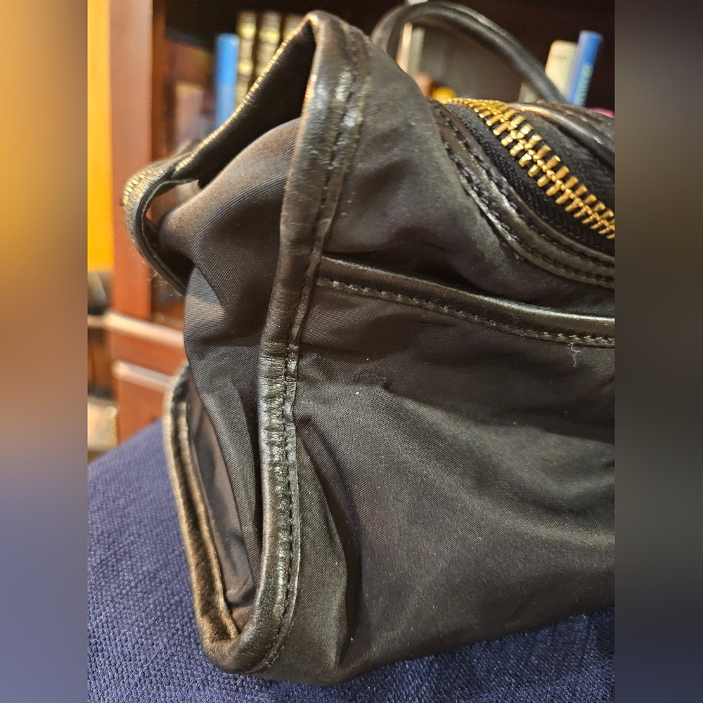 DKNY Black Nylon Leather Trim Satchel with Gold Accents - Picture 12 of 16